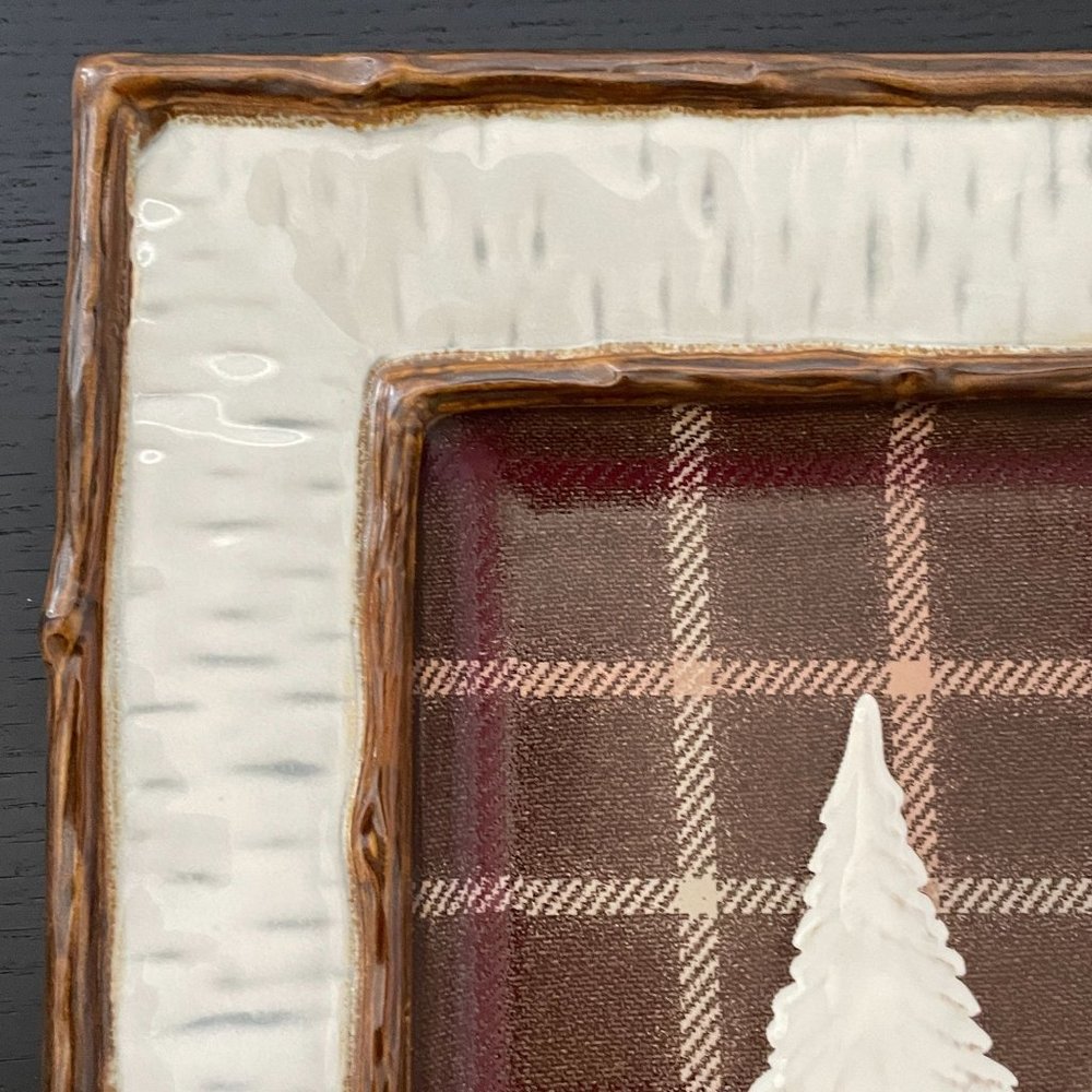 Homestudio Lake Cabin Dinner Plate Square Plaid Rustic Embossed Stoneware 11" - Picture 4 of 13